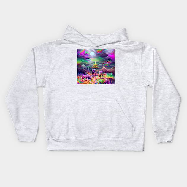 Psychedelic Alien Lands Kids Hoodie by Mihadom